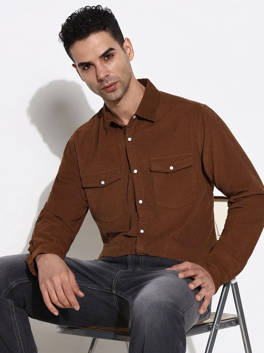 Men's Brown Solid Slim Fit Shirt Elegant Glow