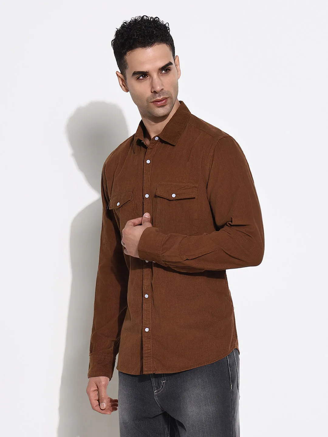 Commute Ease Garden Ease Men's Brown Solid Slim Fit Shirt