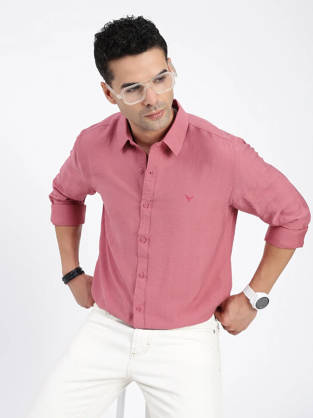 Men's Peach Standard Spread Collar Solid Cotton Casual Shirt Mom Soft