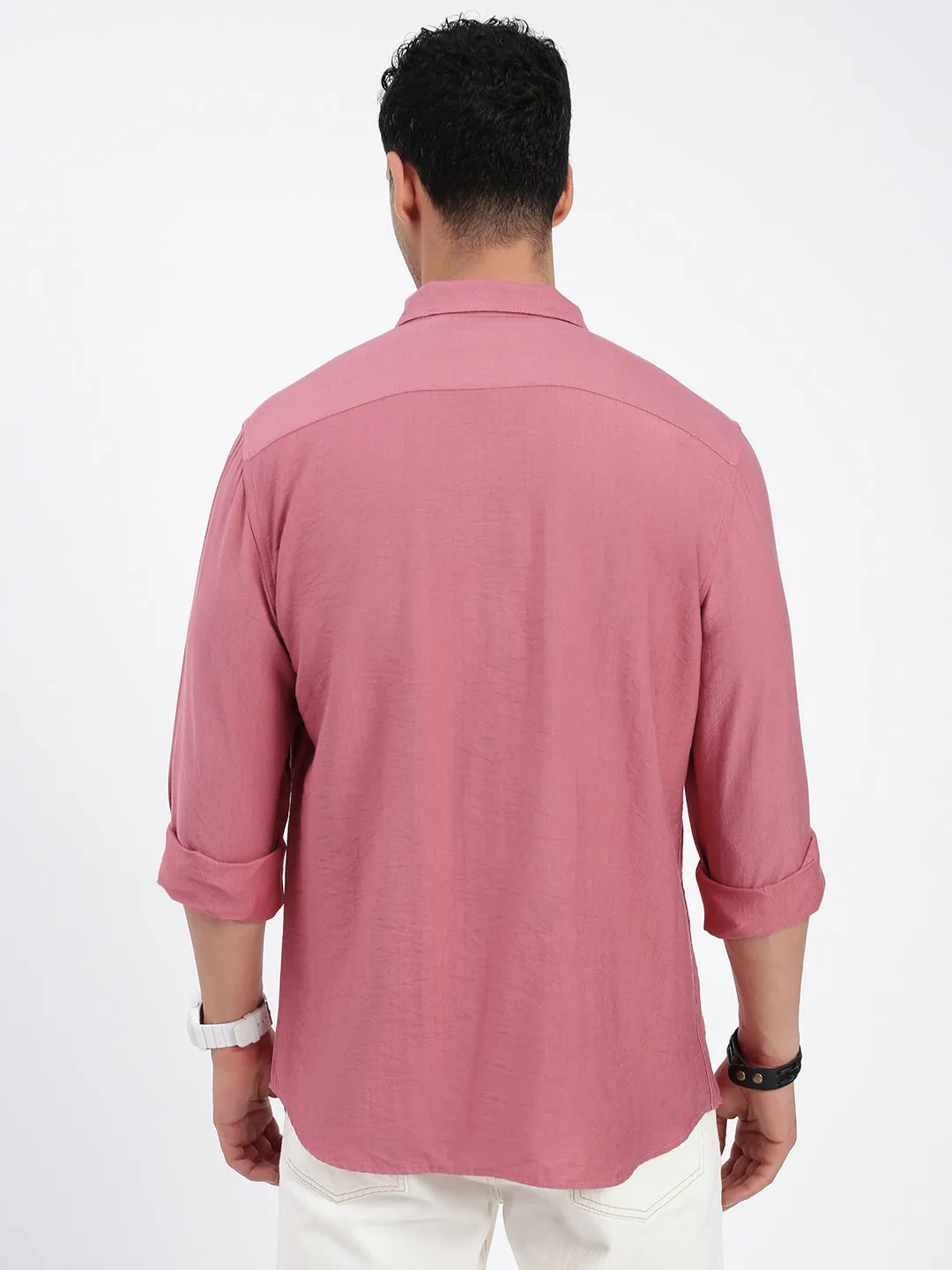 Men's Peach Standard Spread Collar Solid Cotton Casual Shirt Light Layer Harbor Style