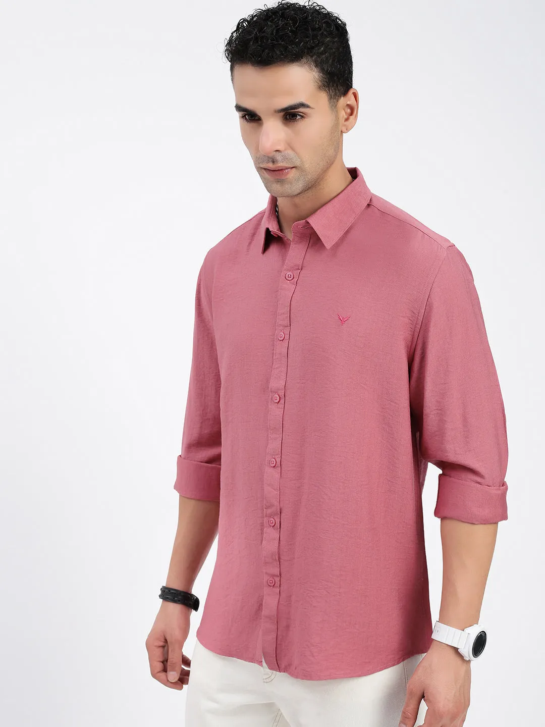 HighVisibility Trim Men's Peach Standard Spread Collar Solid Cotton Casual Shirt