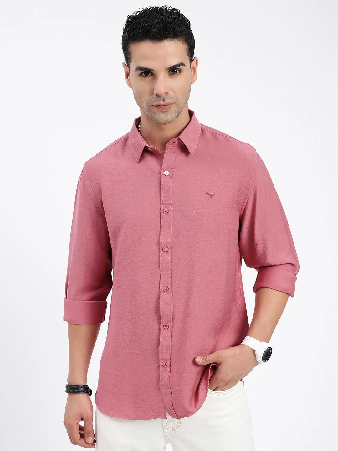 Versatile Dress Men's Peach Standard Spread Collar Solid Cotton Casual Shirt