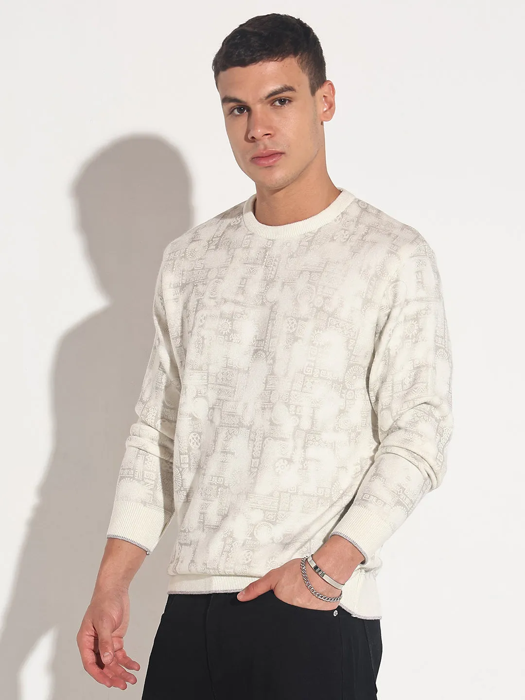Season Ready Contrast Trim Accent Men's Abstract Cream Ribbed Round Neck Sweater