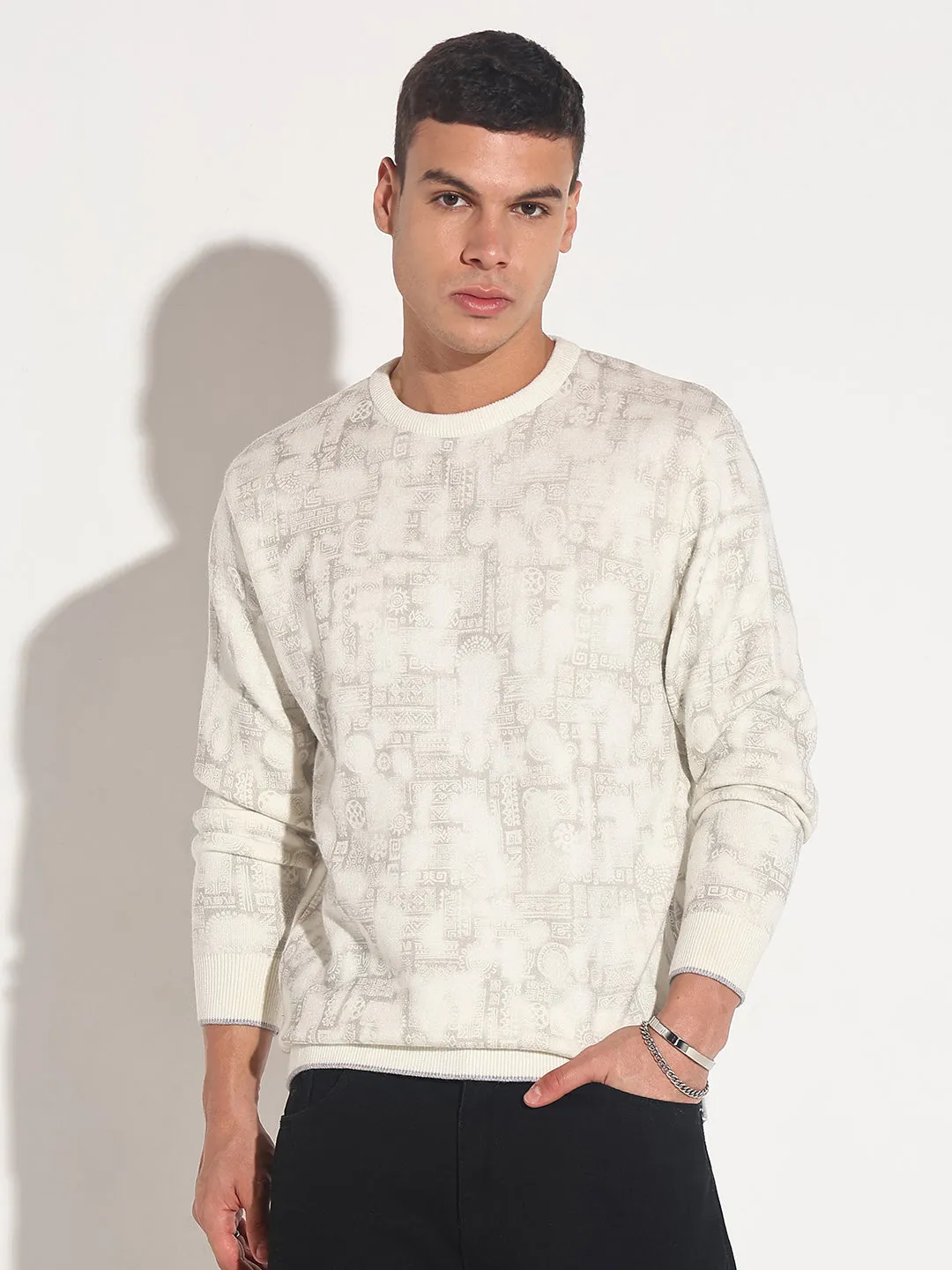 Men's Abstract Cream Ribbed Round Neck Sweater Quick Dry Knitwear FourWay Stretch Fabric