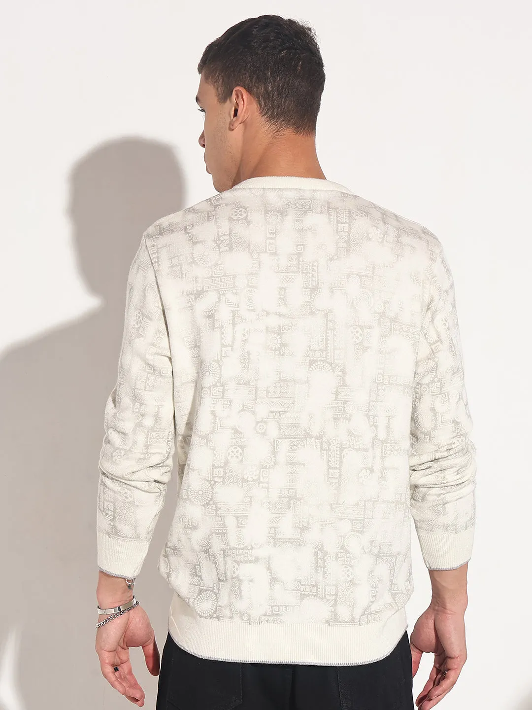 Men's Abstract Cream Ribbed Round Neck Sweater Recycled Polyester Yarn Casual Wear