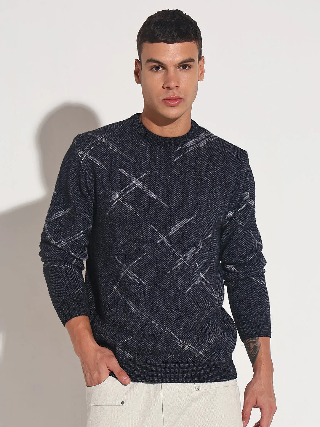 Odor Resistant Fabric Understated Charm Men's Abstract Navy Blue Ribbed Round Neck Sweater