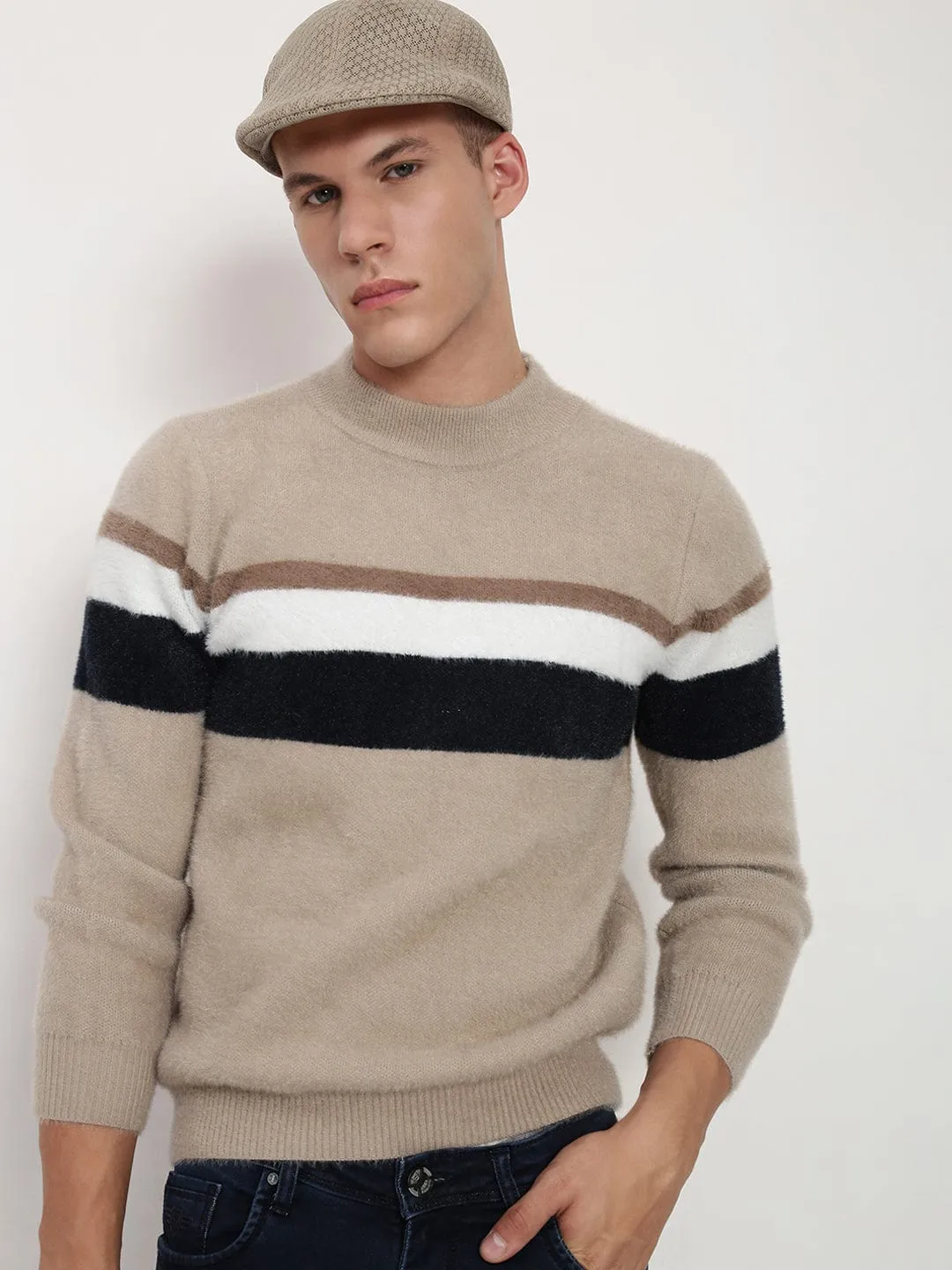 Unisex Fit Street Comforted Men's Beige ColourBlock Round Neck Sweater