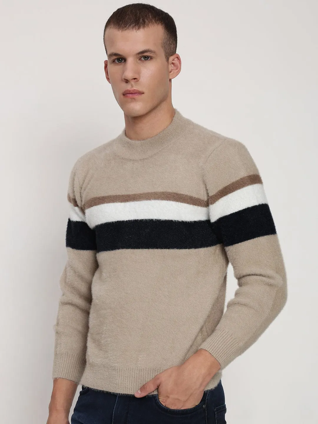 Men's Beige ColourBlock Round Neck Sweater GarmentSpecific Storage Solutions