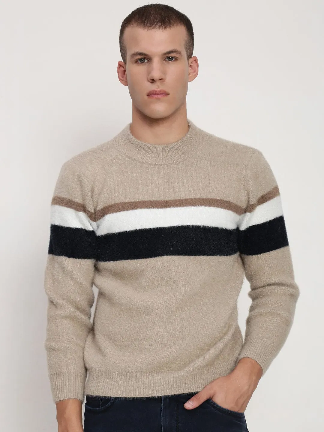 Men's Beige ColourBlock Round Neck Sweater Textured Surface