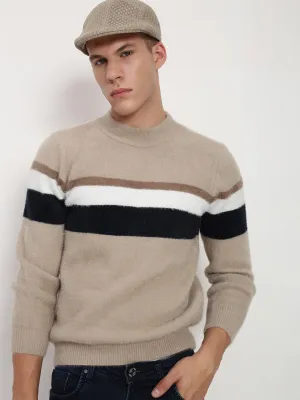 Unisex Fit Street Comforted Men's Beige ColourBlock Round Neck Sweater