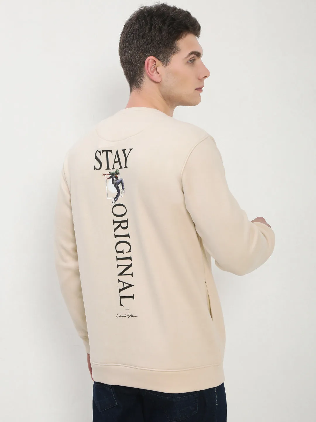 Cold Weather Urban Hoodie Men's Beige Graphic Print Round Neck Pullover Sweatshirt