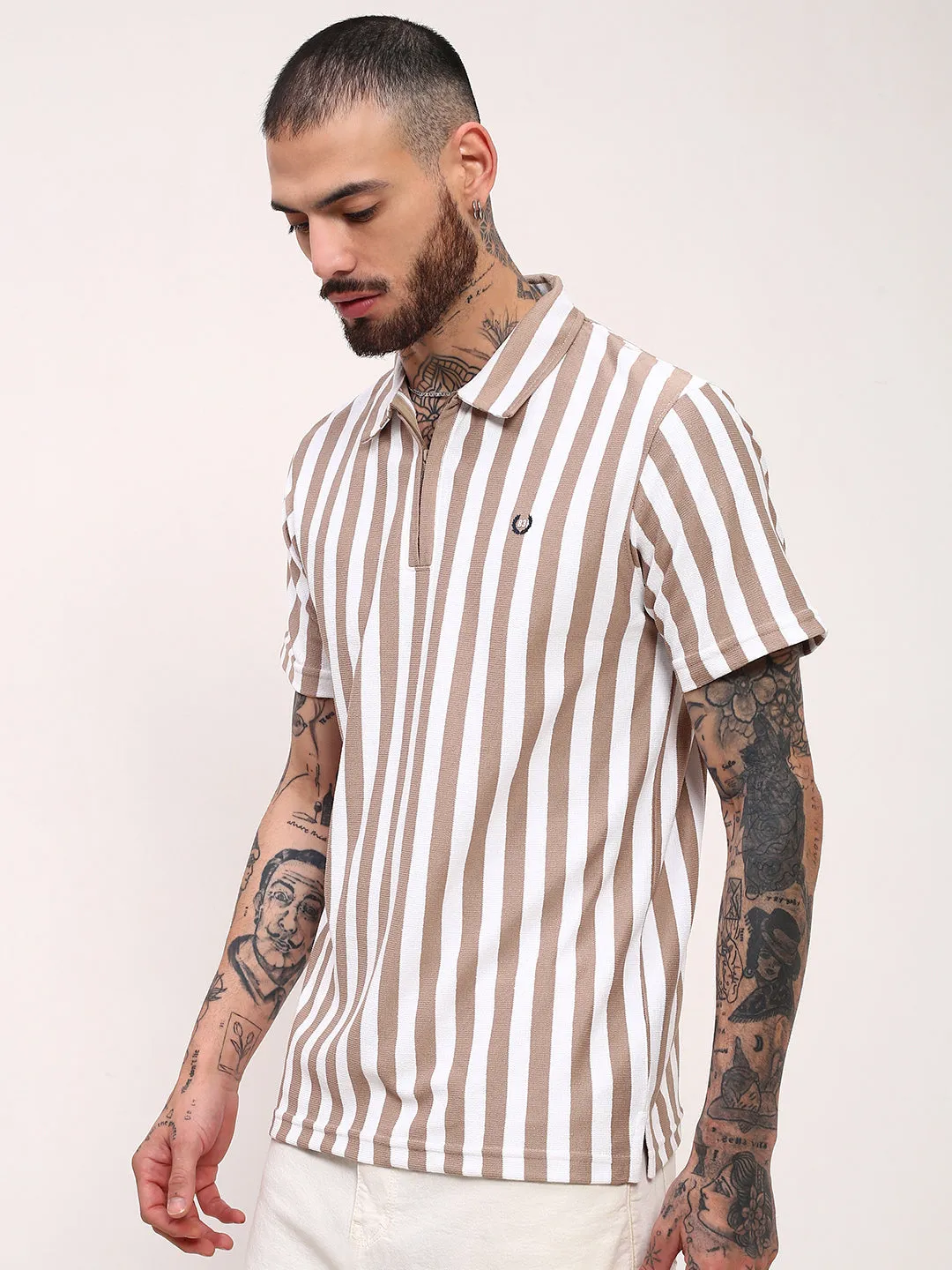 Men's Beige Polo Collar Striped T-Shirt product discount