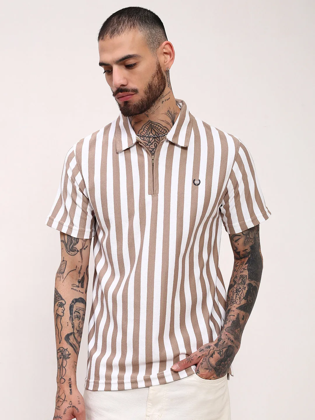 Men's Beige Polo Collar Striped T-Shirt Unique selling points Urban Minimal