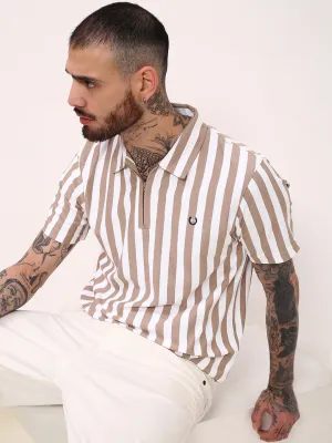 Men's Beige Polo Collar Striped T-Shirt sunny day wear