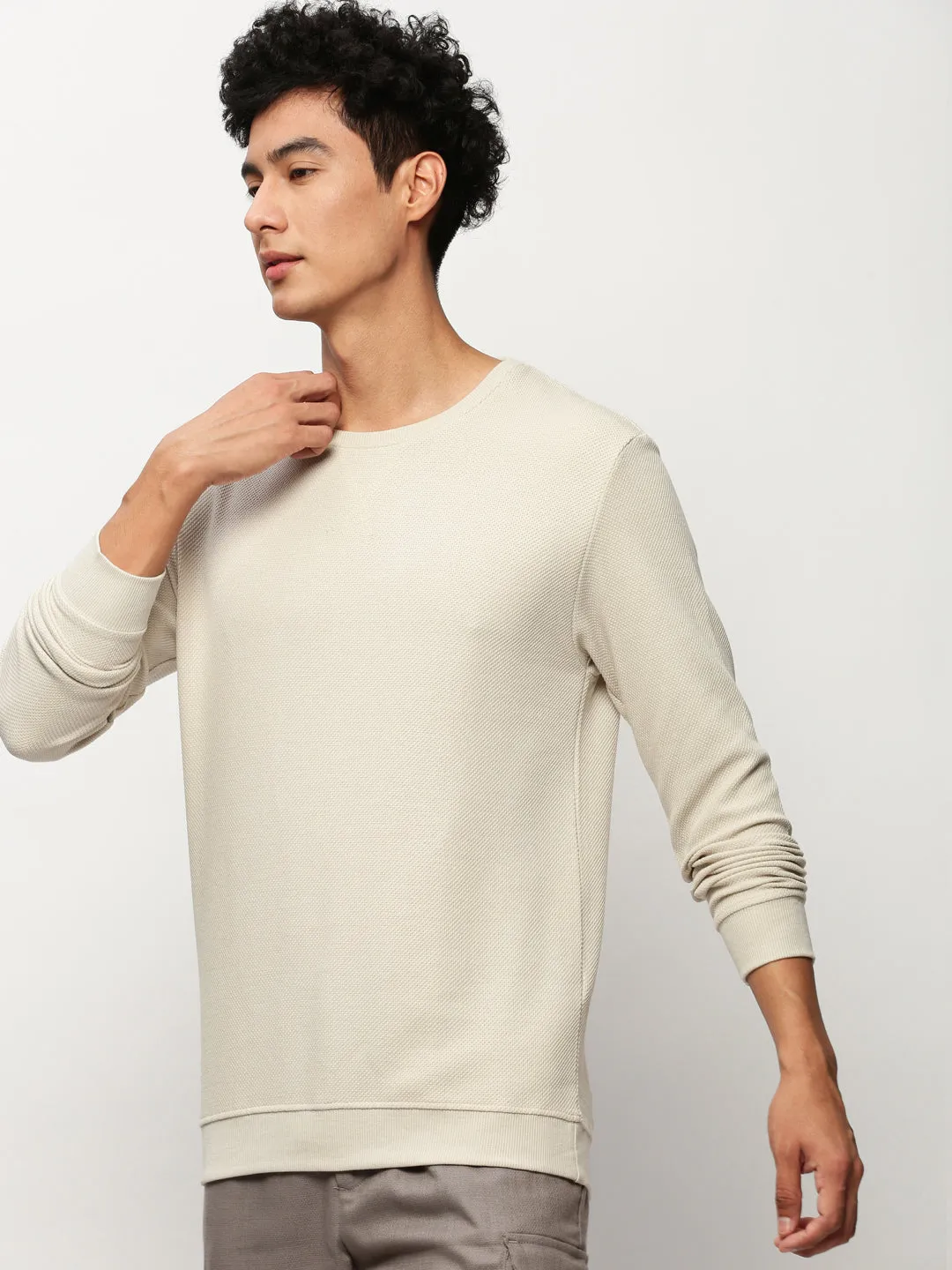 Men's Beige Round Neck Long Sleeves Cotton Pullover Go-to Wear