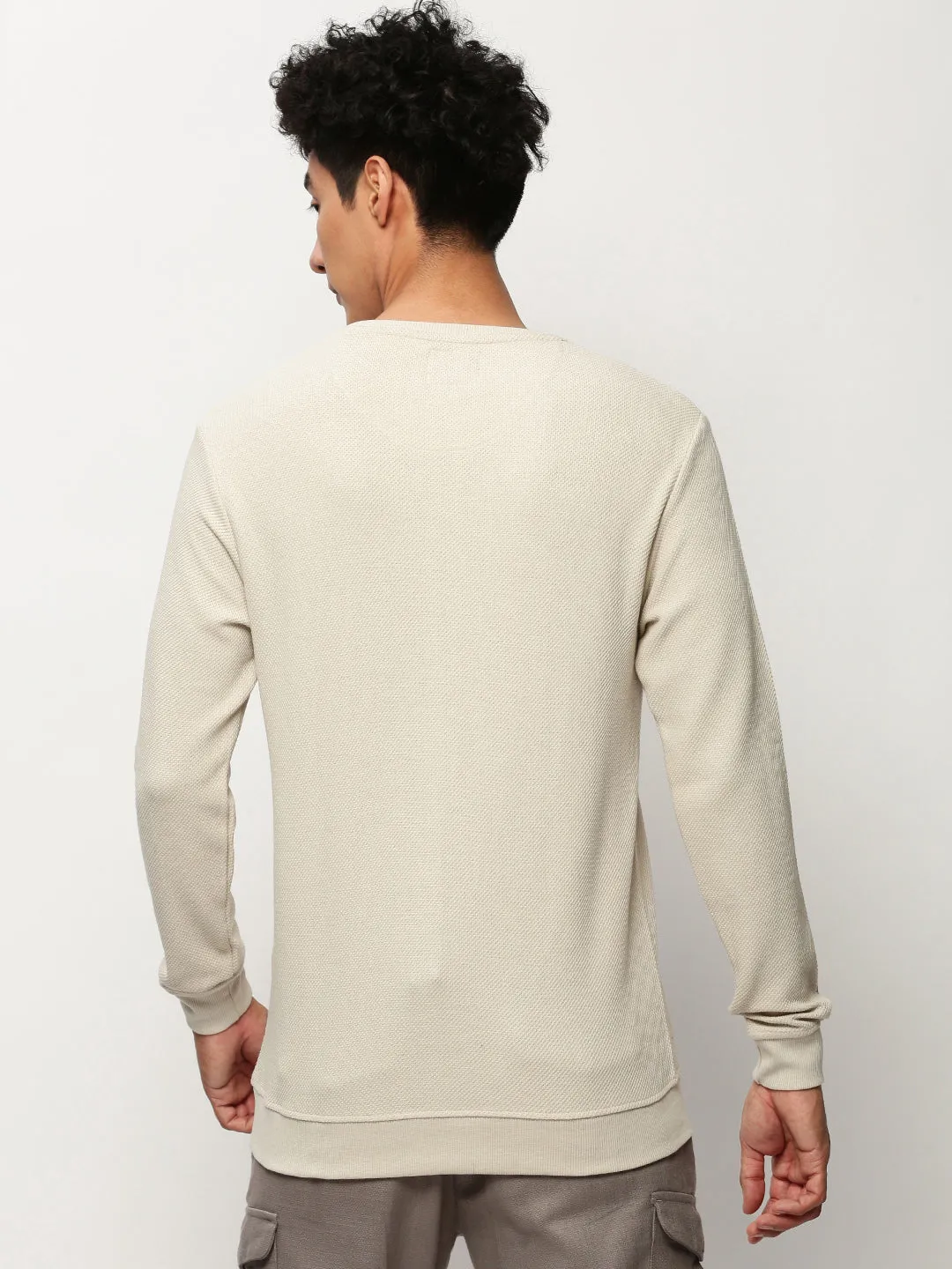 Men's Beige Round Neck Long Sleeves Cotton Pullover Classic Fit