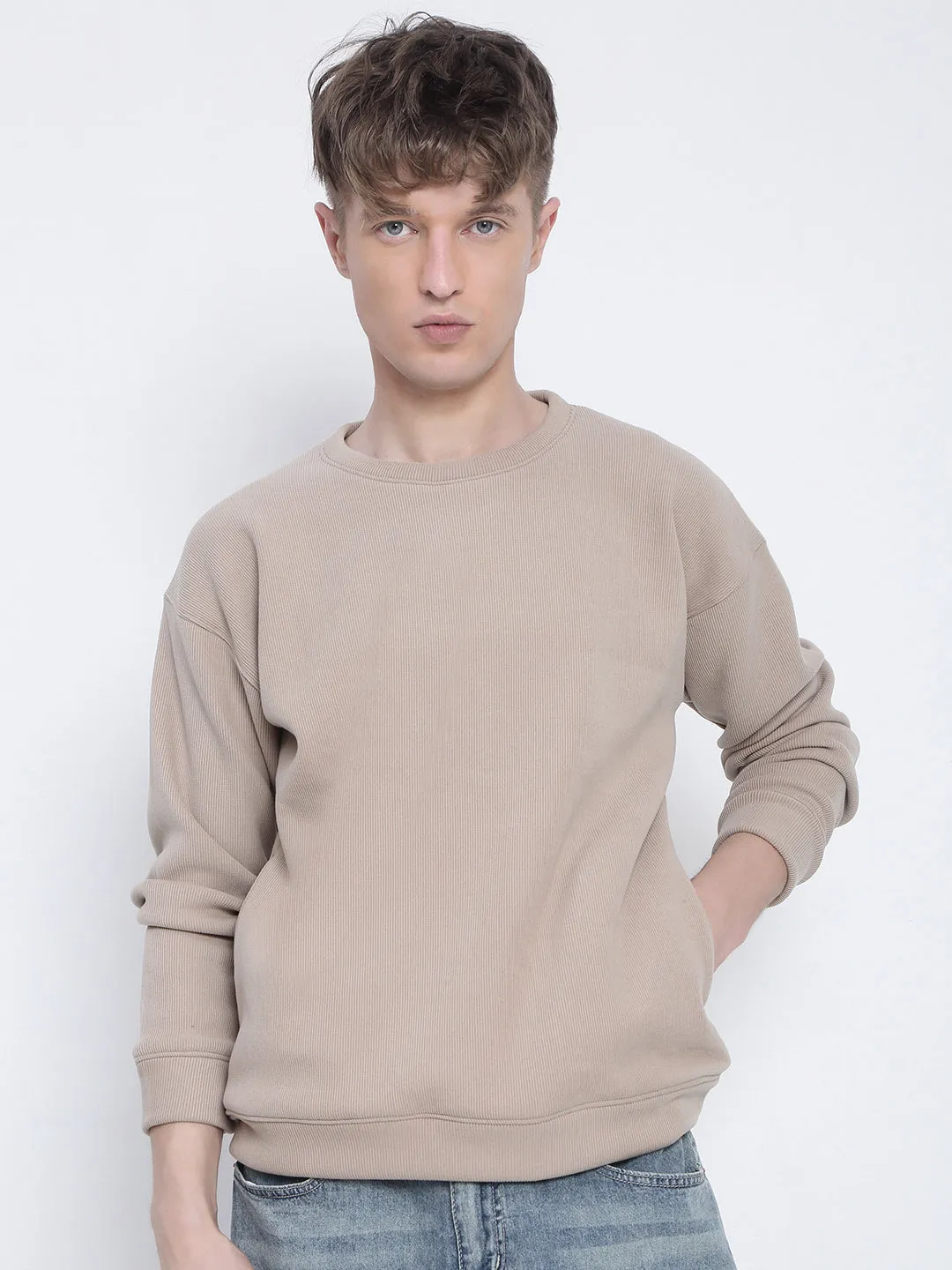 Weekend Wear Timeless Bold Men's Beige Round Neck Sweatshirt