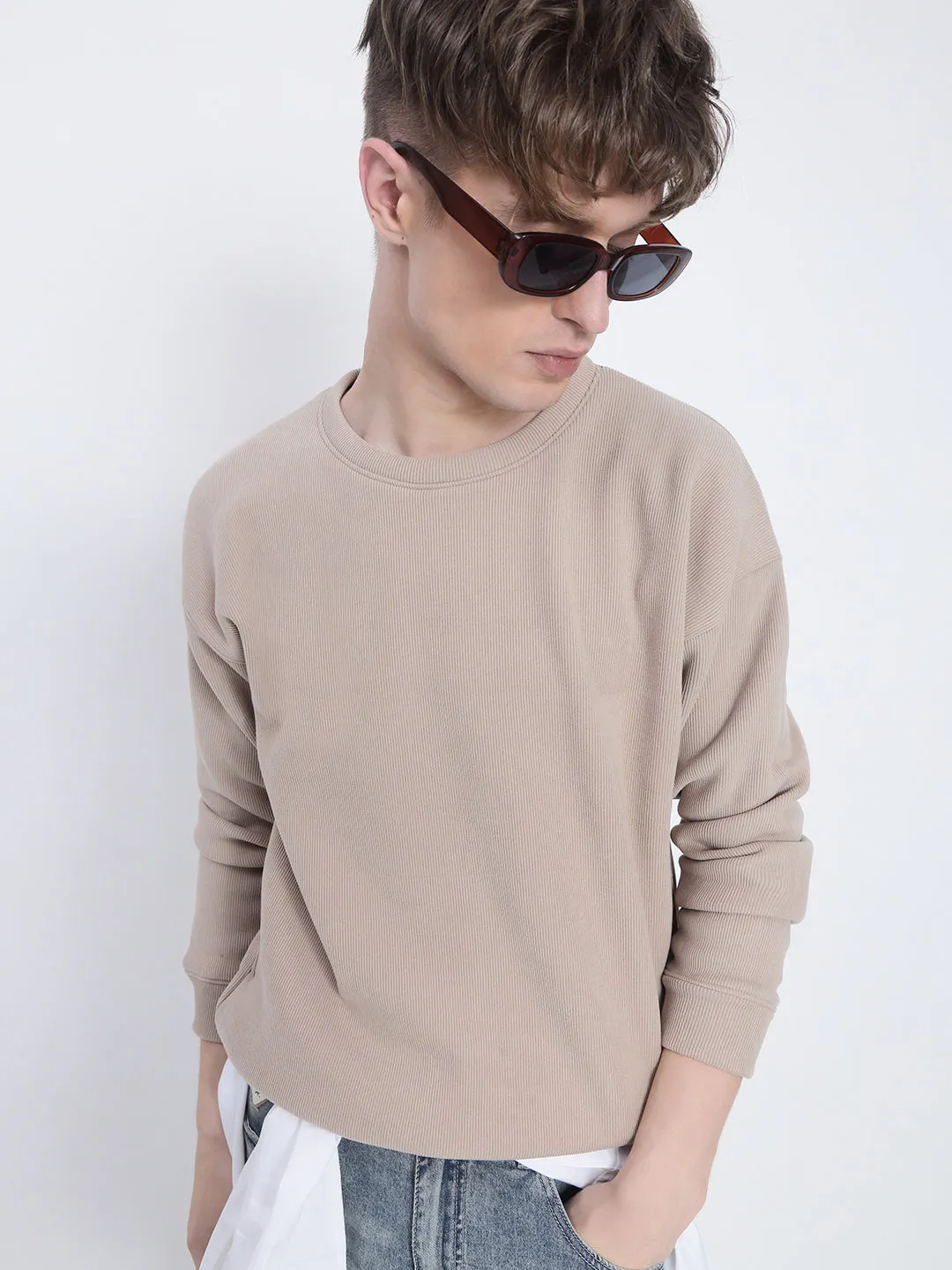 Men's Beige Round Neck Sweatshirt absorbent Concert Look