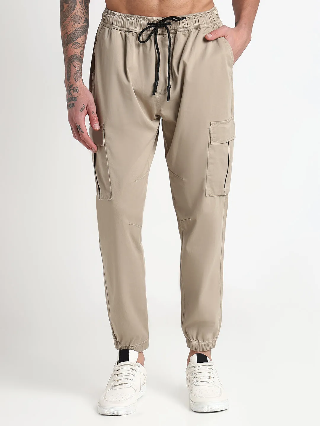 Men's Beige Solid Cargo Joggers Weekend Style
