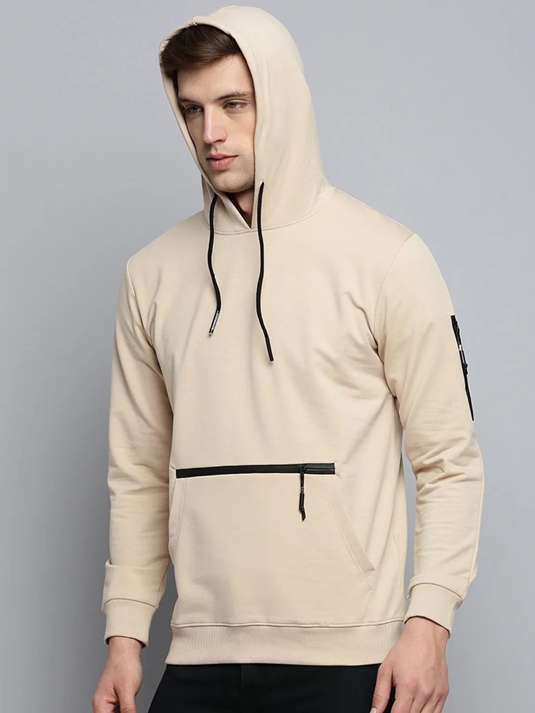 Men's Beige Solid Casual Hoodie Ribbed Hem
