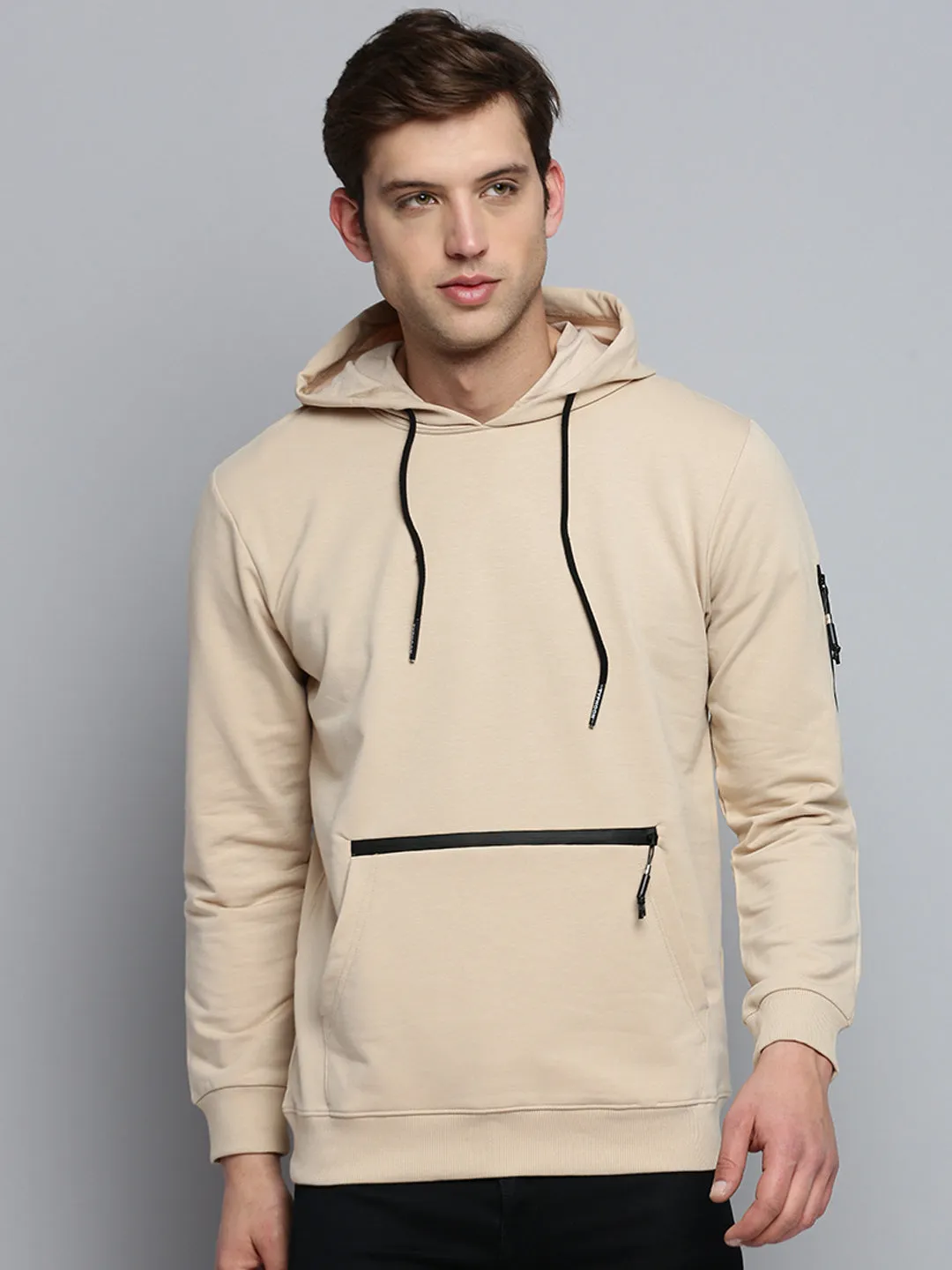 Men's Beige Solid Casual Hoodie product metallic glamour Denim