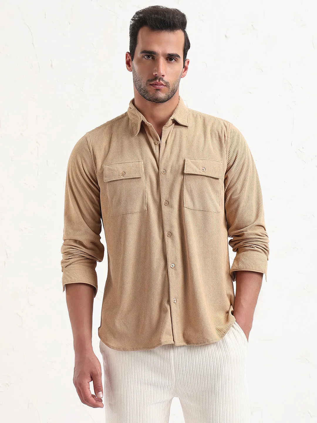 Cultural Fit Flexible Apparel Men's Beige Solid Corduroy Relaxed Fit Shirt