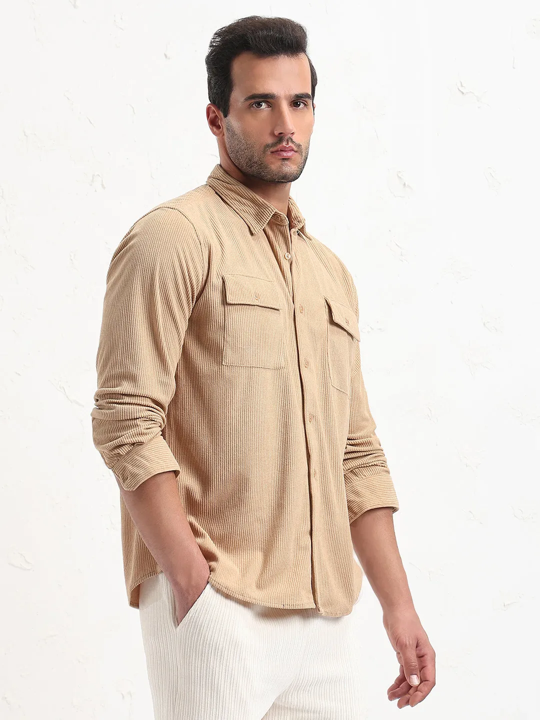 TearResistant Fabric WaterResistant Coating Men's Beige Solid Corduroy Relaxed Fit Shirt