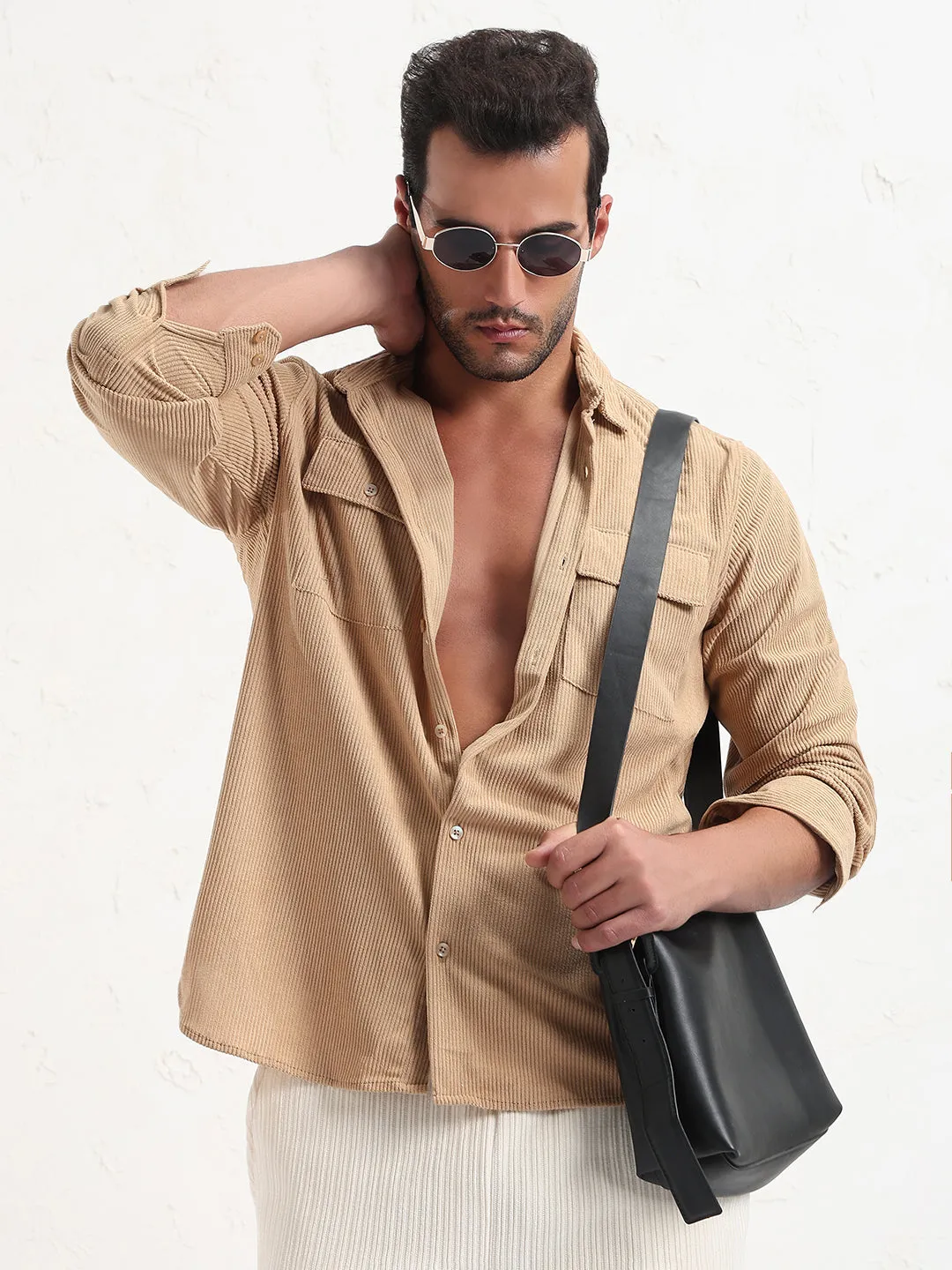 Men's Beige Solid Corduroy Relaxed Fit Shirt Street Icon Zoom Proper