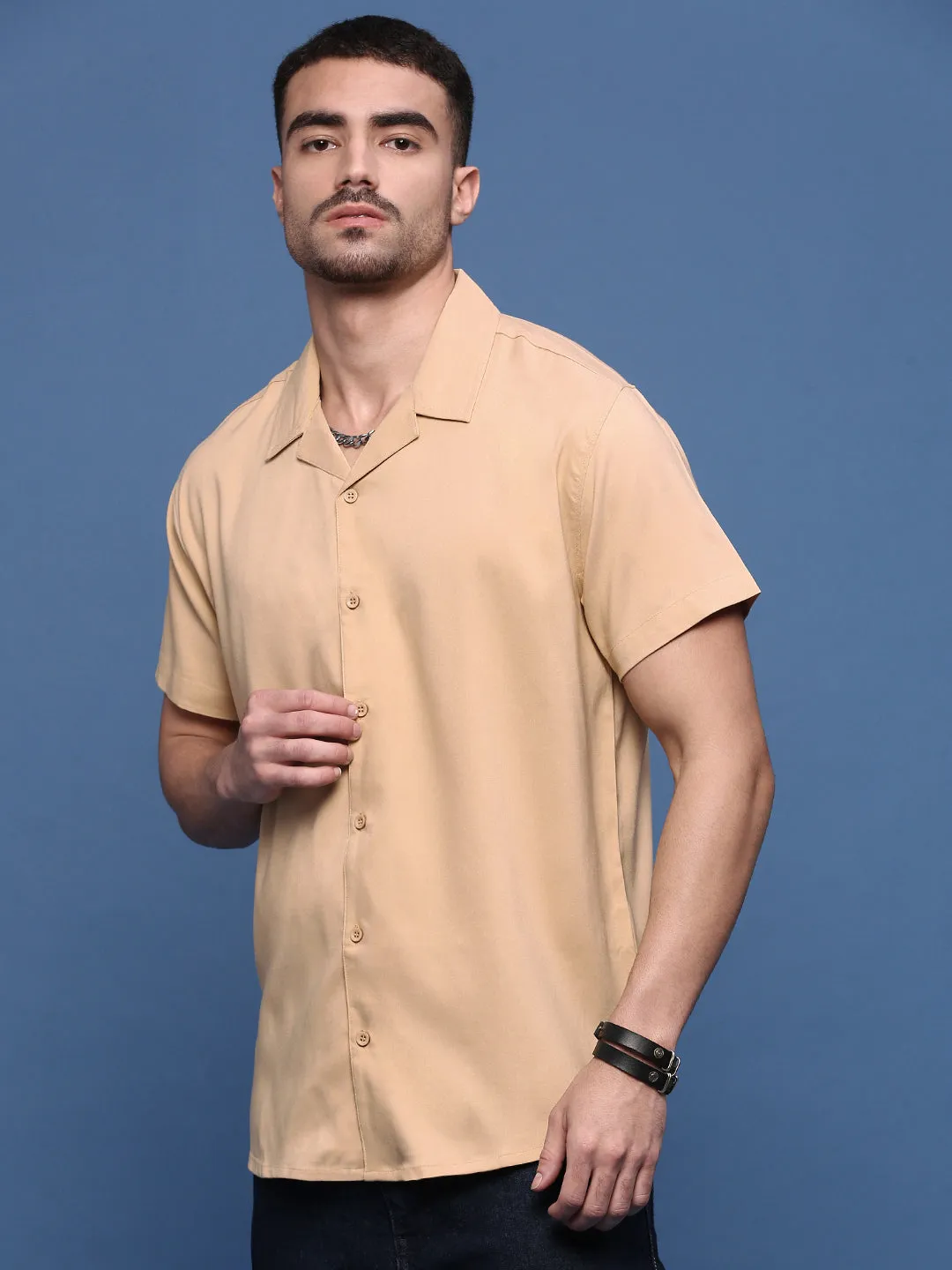 Men's Beige Solid Cuban Collar Shirt Stretch Fit