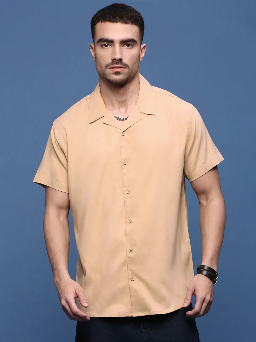 Trust Glow HighElasticity Men's Beige Solid Cuban Collar Shirt