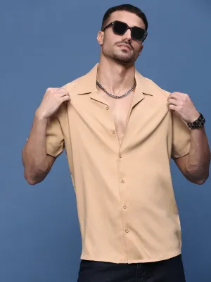 Men's Beige Solid Cuban Collar Shirt Calm Core Zero Core