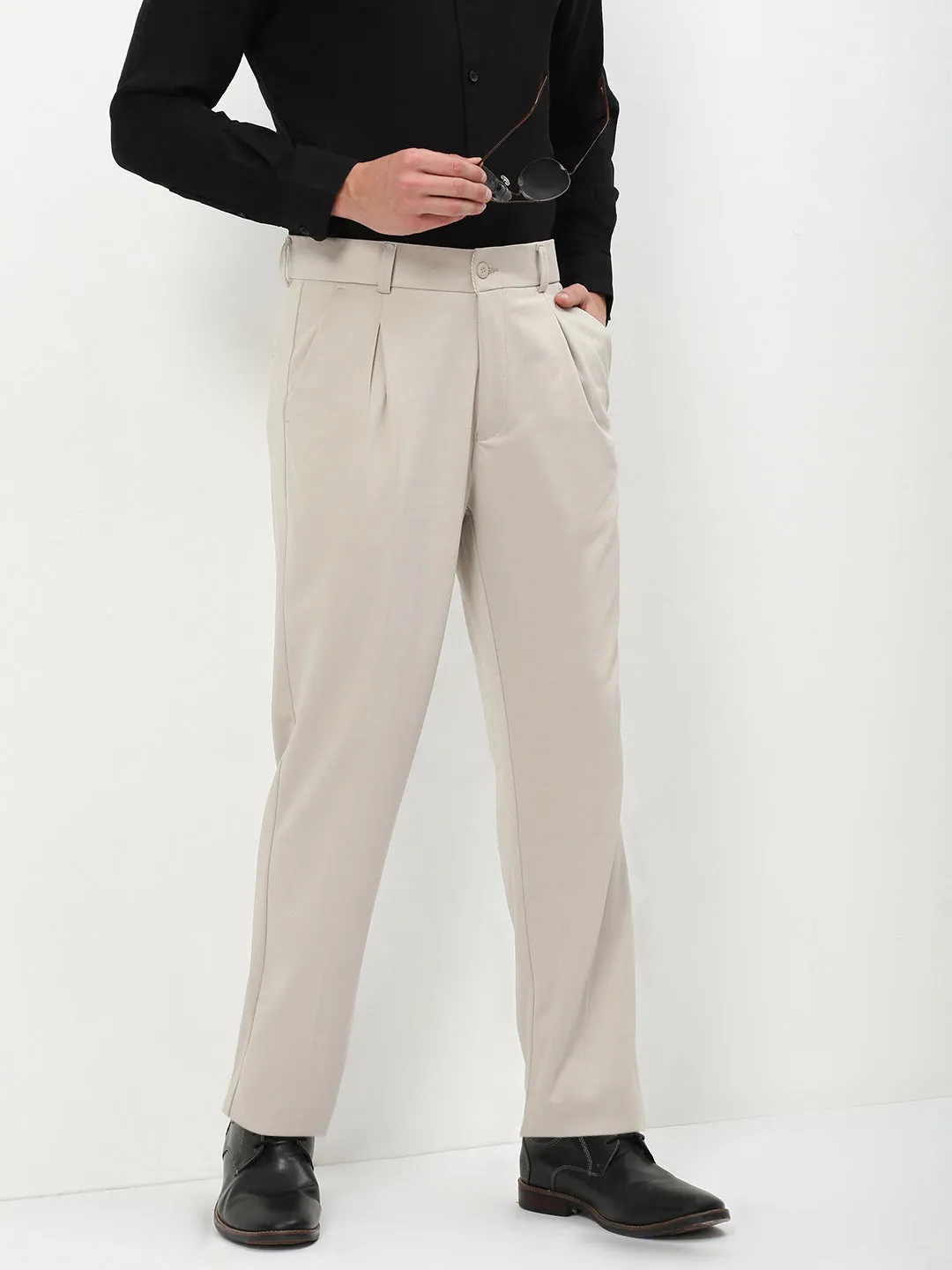 Men's Beige Solid Formal Trousers Casual Vibes Outdoor Adventure