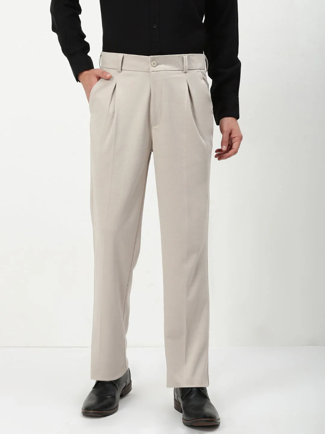 Sport Flex Men's Beige Solid Formal Trousers