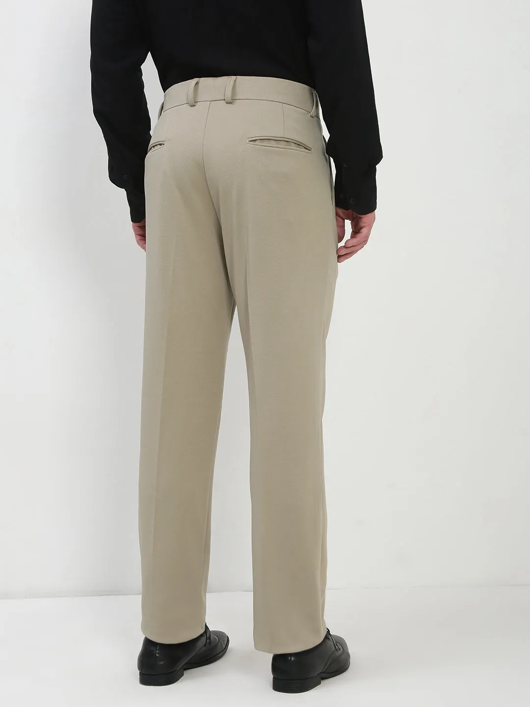 Men's Beige Solid Formal Trousers AllDayCompression Soft Interior