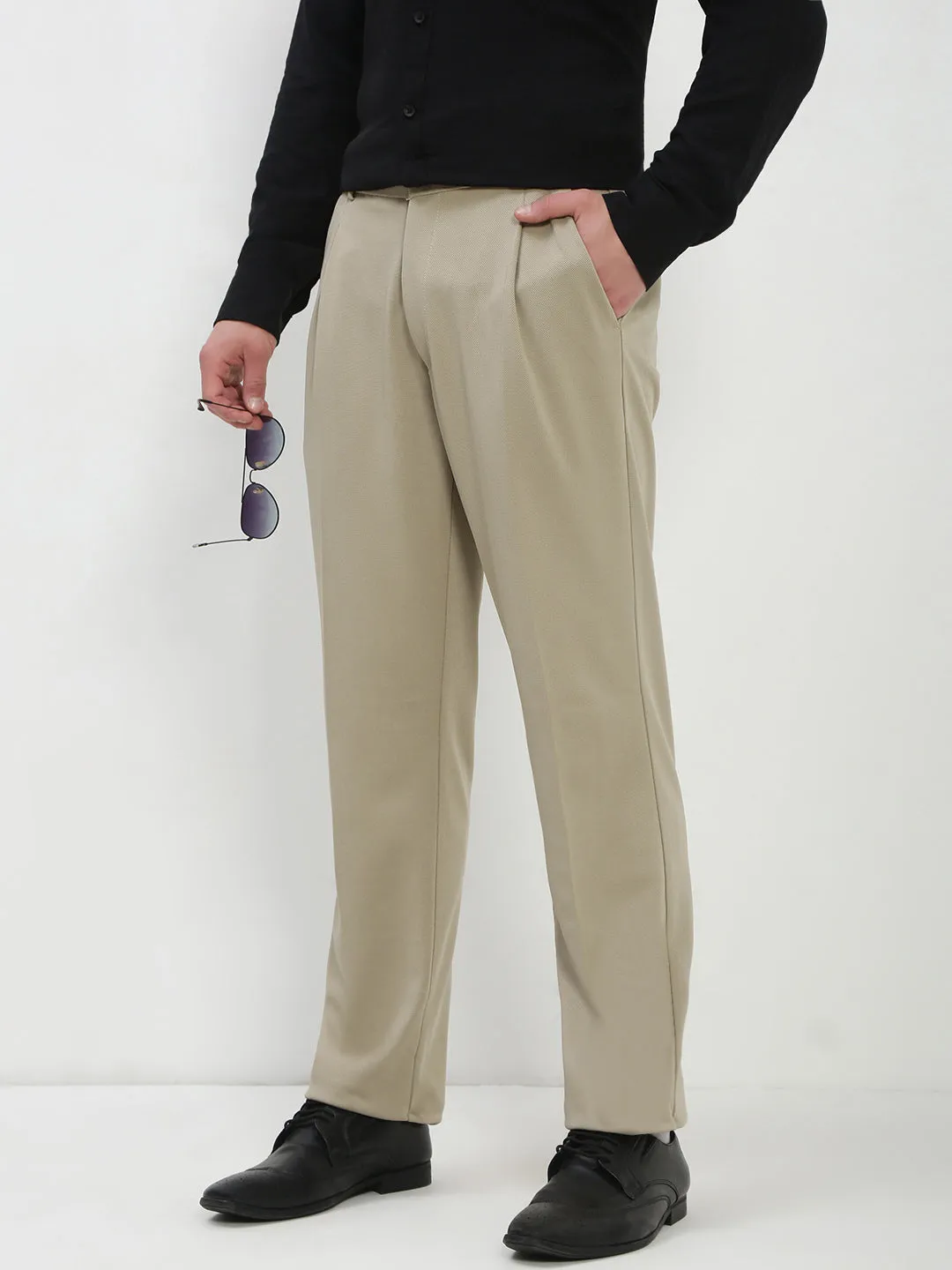 Men's Beige Solid Formal Trousers Casual Style Relaxed Wear