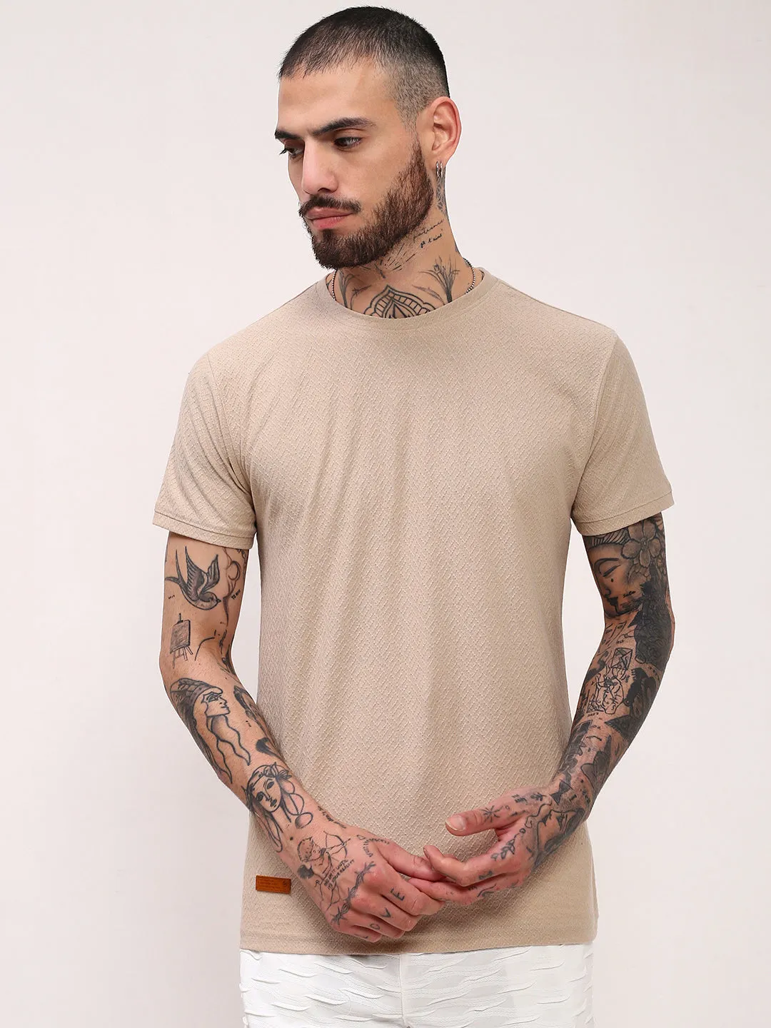 Men's Beige Solid Polo Collar Slim Fit T-Shirt Home Wear Cozy Essentials