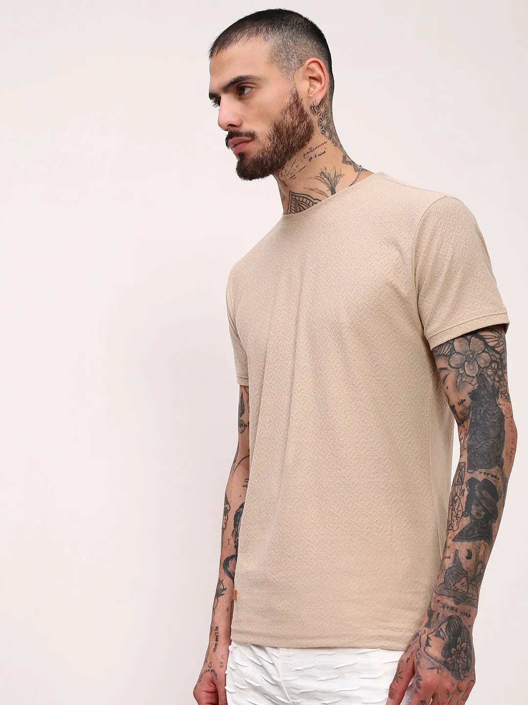 Men's Beige Solid Polo Collar Slim Fit T-Shirt Casual Elegance Warm Comfort