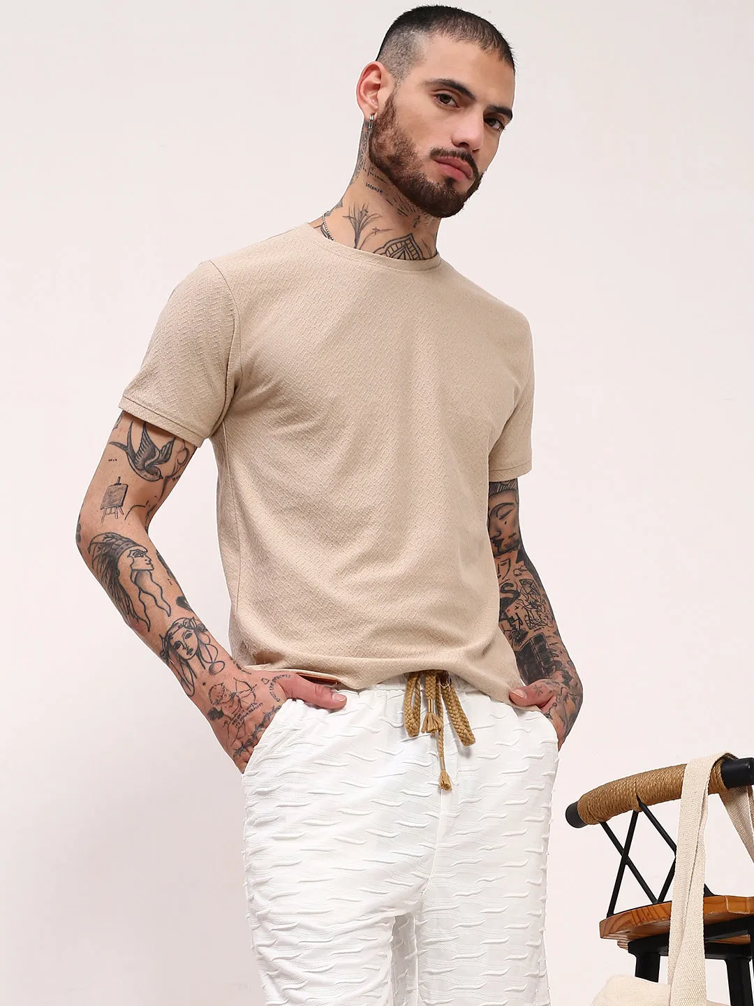 Performance Wear vacation wear Men's Beige Solid Polo Collar Slim Fit T-Shirt