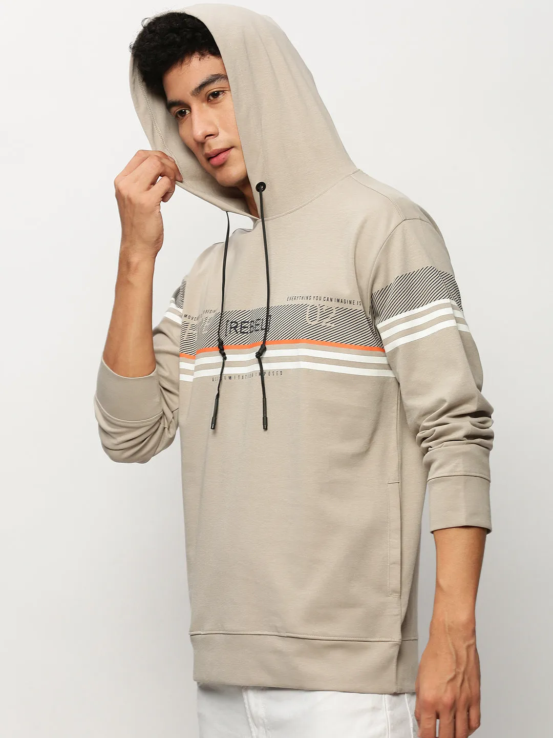 Men's Beige Striped Hooded Cotton Pullover Modern Active