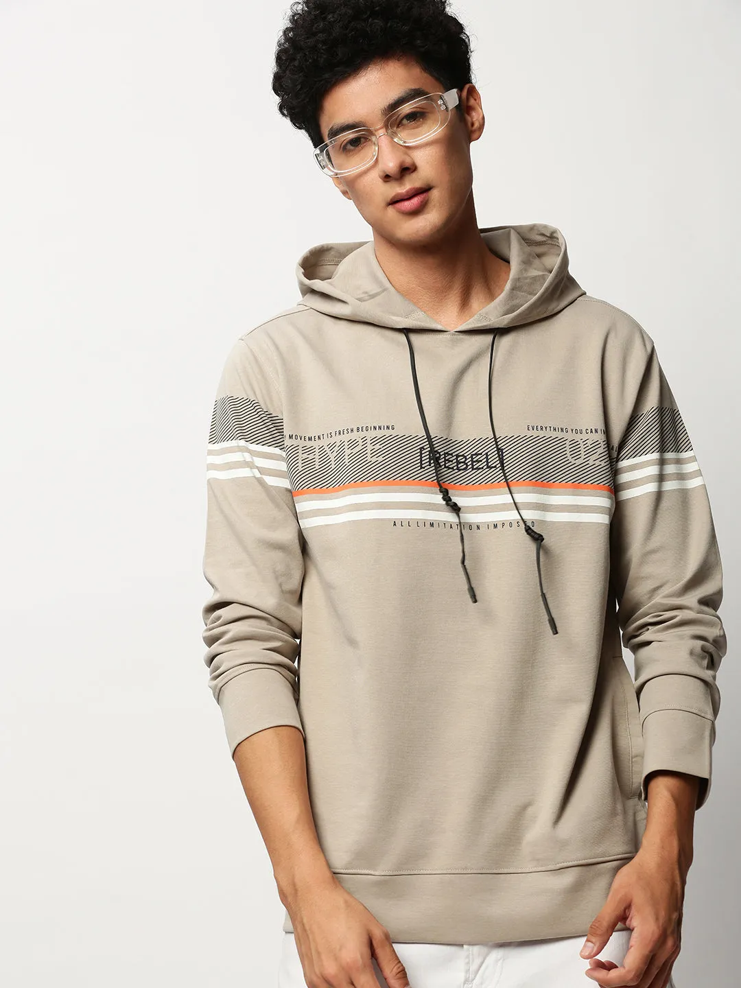 Bright Hue Men's Beige Striped Hooded Cotton Pullover