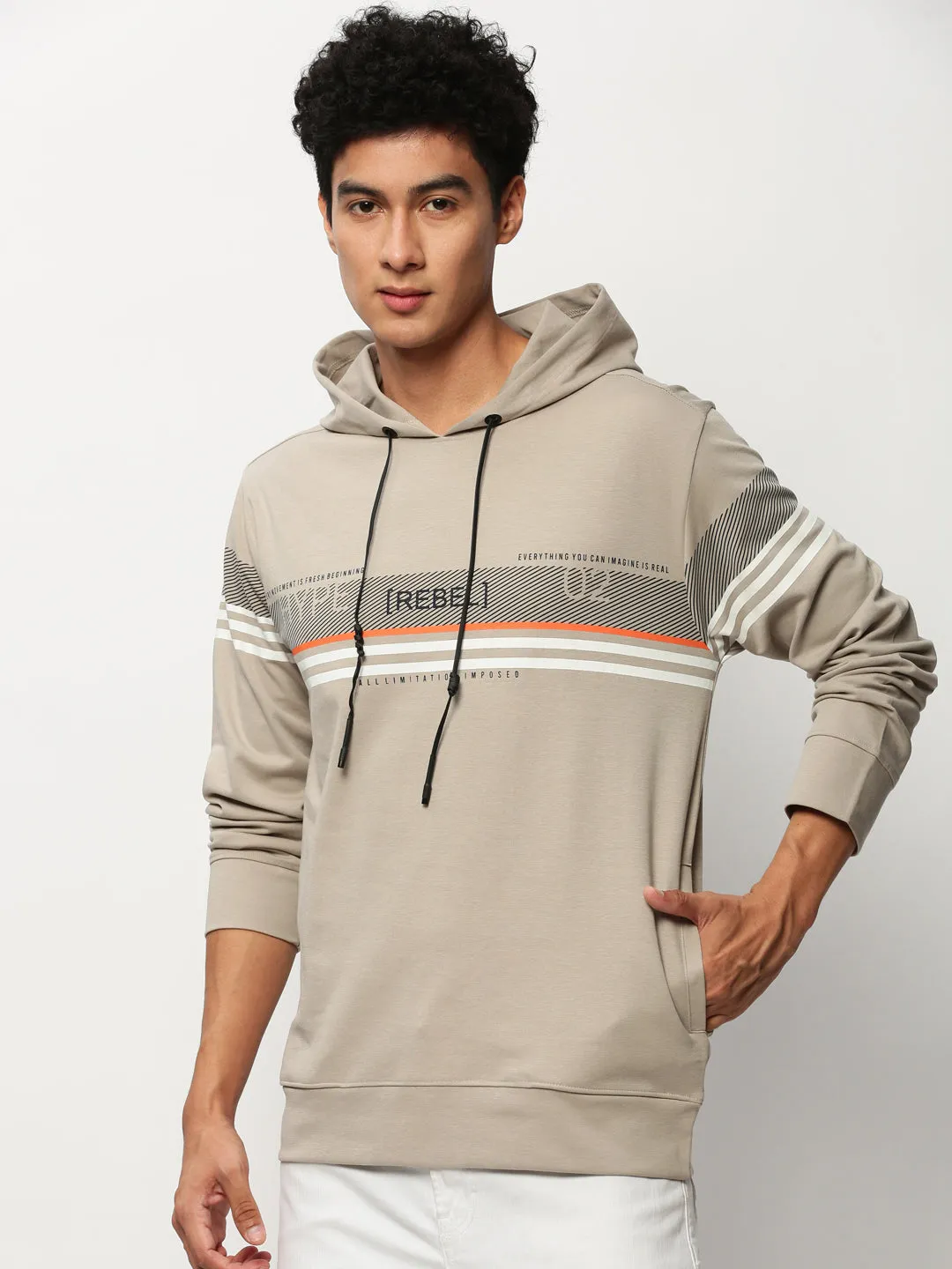 Relaxed Vibes Men's Beige Striped Hooded Cotton Pullover