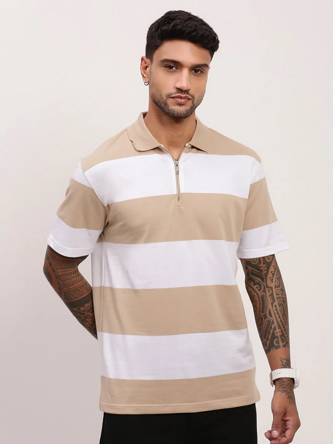 Men's Beige Striped Polo Collar Cotton T-Shirt appropriate for sunny days