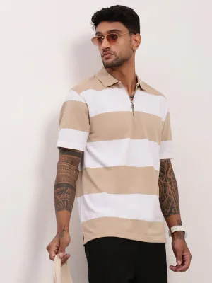 Men's Beige Striped Polo Collar Cotton T-Shirt color fast product comparison