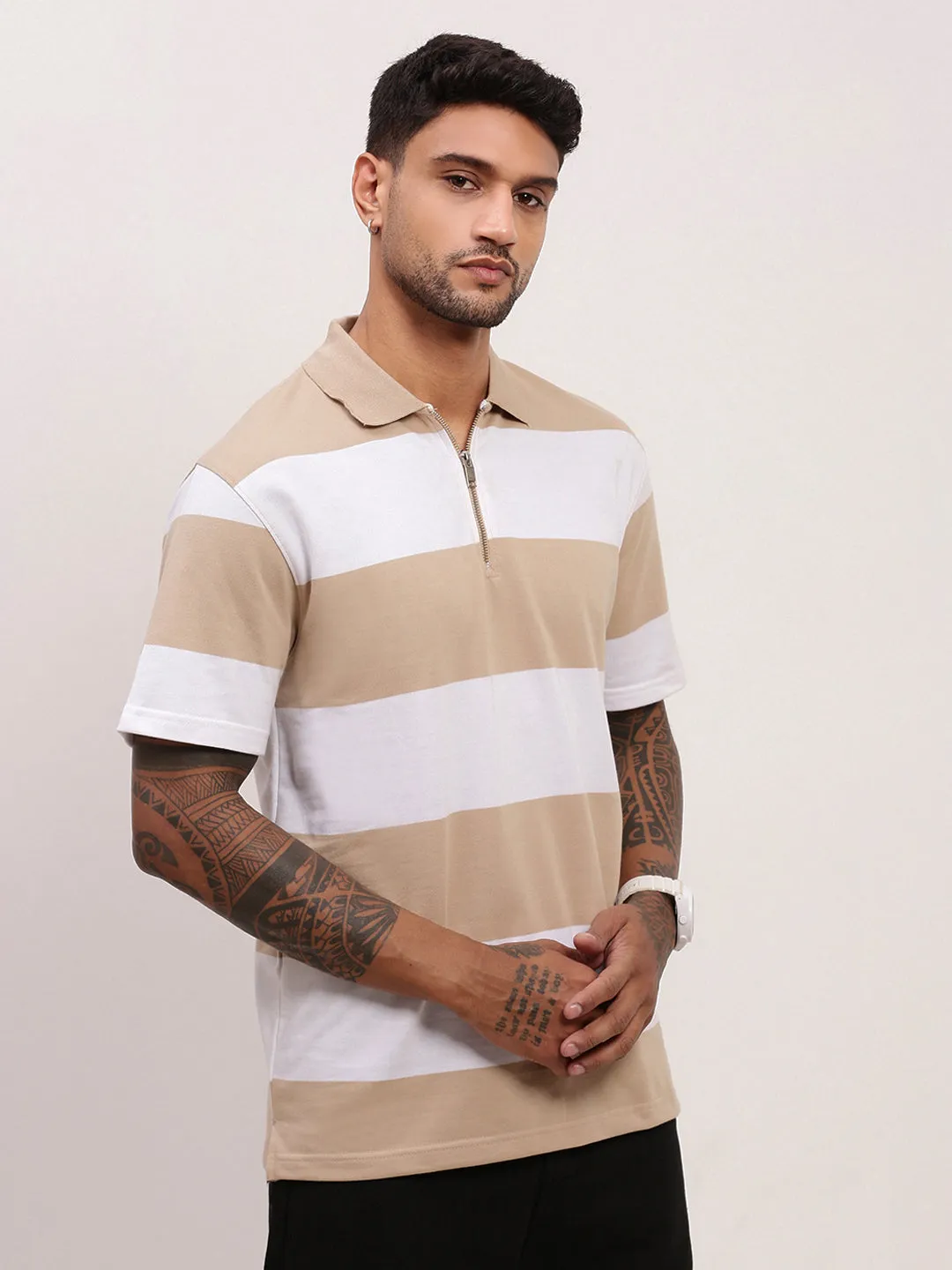 Weekend Layer Men's Beige Striped Polo Collar Cotton T-Shirt