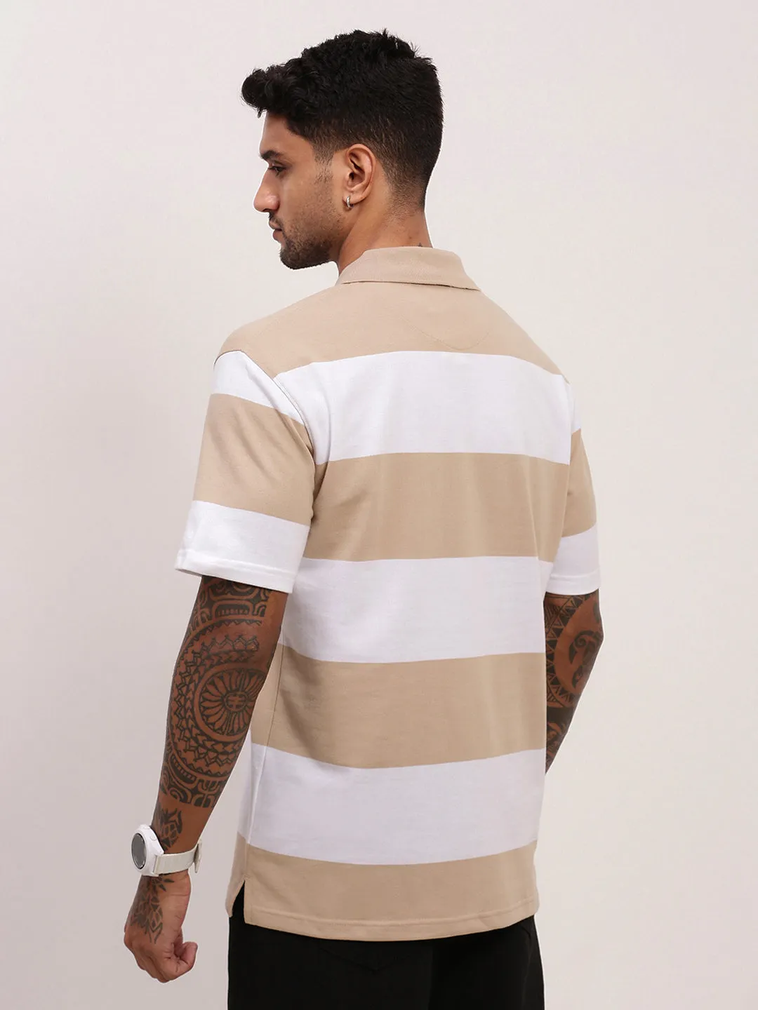 Men's Beige Striped Polo Collar Cotton T-Shirt Stylish Layer