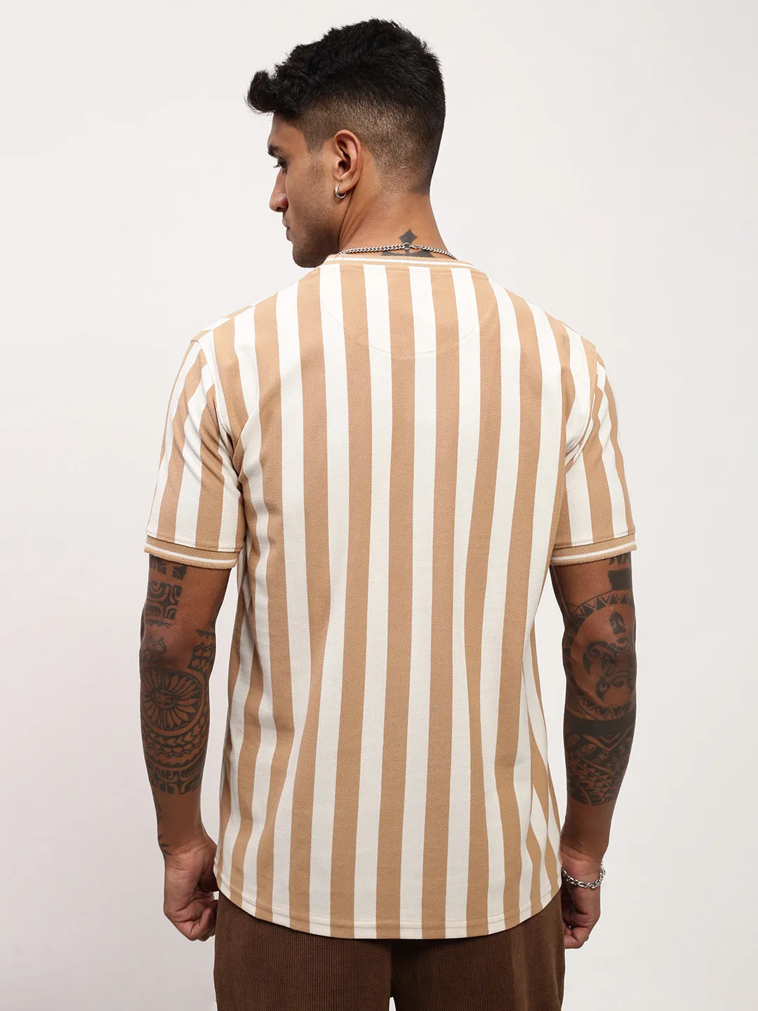 Long Sleeve Men's Beige Striped T-Shirt