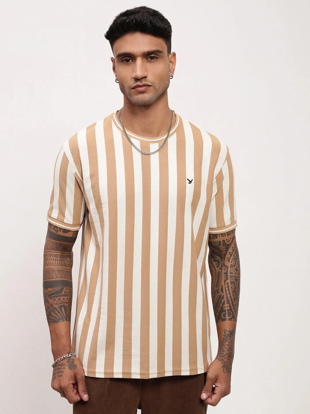 Men's Beige Striped T-Shirt product houndstooth sophistication Coffee Run