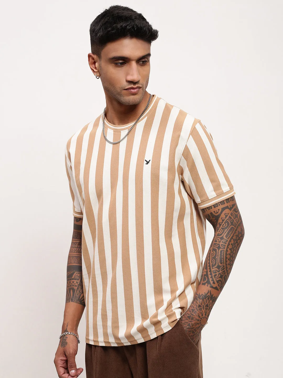 product couple intimacy Men's Beige Striped T-Shirt