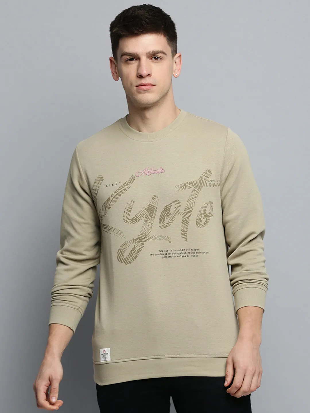 Muscular Fit Luxury Men's Beige Typography Printed Cotton Sweatshirt