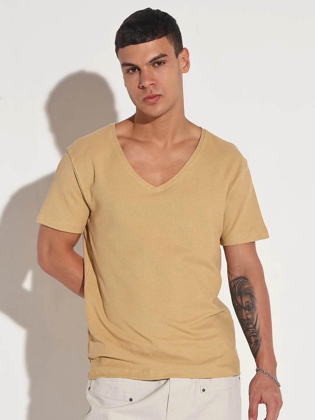 Men's Beige V-Neck Regular Fit T-Shirt WaterRepellentFinish